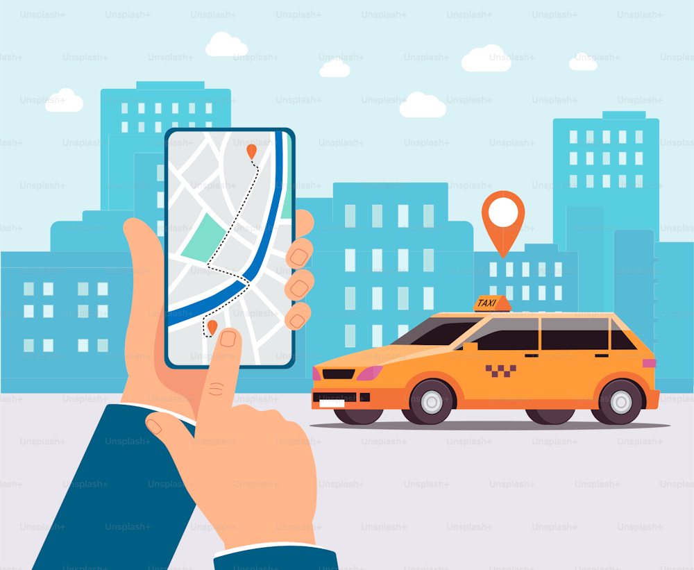 Urban landscape background with taxi car and hand holding phone with internet app interface on screen, flat vector illustration. Advanced technology for transportation.