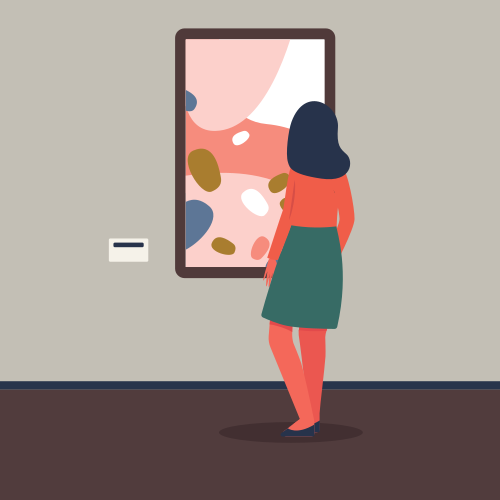 Female art exhibition or gallery visitor viewing picture from museum collection the flat vector illustration. Culture and education, leisure and tourism banner concept.