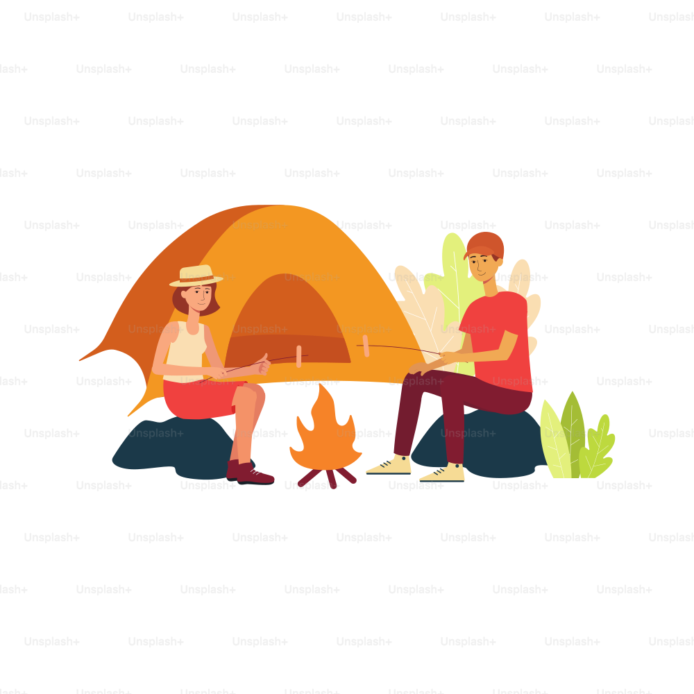 Couple sitting by bonfire frying marshmallow on sticks nearby tent cartoon style, vector illustration isolated on white background. Man and woman during camping trip or hiking