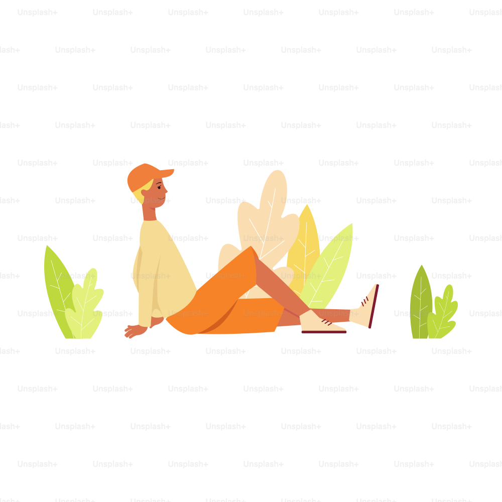 Uomo in pantaloncini corti e berretto seduto a terra circondato da foglie stile cartone animato, illustrazione vettoriale isolata su sfondo bianco. Giovane maschio in abiti casual appoggiato sul pavimento con una gamba allargata