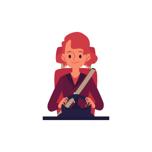 Female car driver sitting behind steering wheel, cartoon character woman driving an automobile and smiling, isolated flat hand drawn vector illustration of confident auto lady with seatbelt on