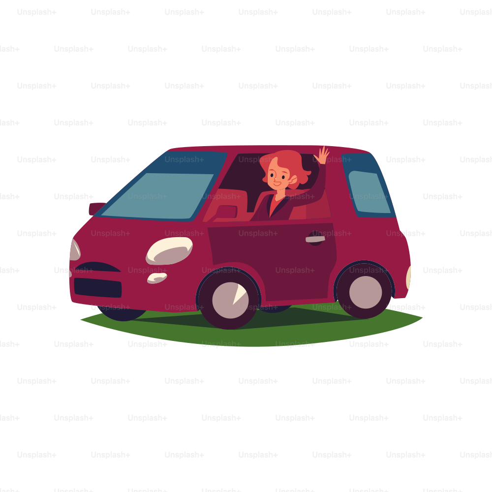 A young caucasian woman or girl driver smiles, waves her hand and drives a car. Woman driver is sitting in the car and driving her, girl driving, isolated vector flat cartoon illustration.
