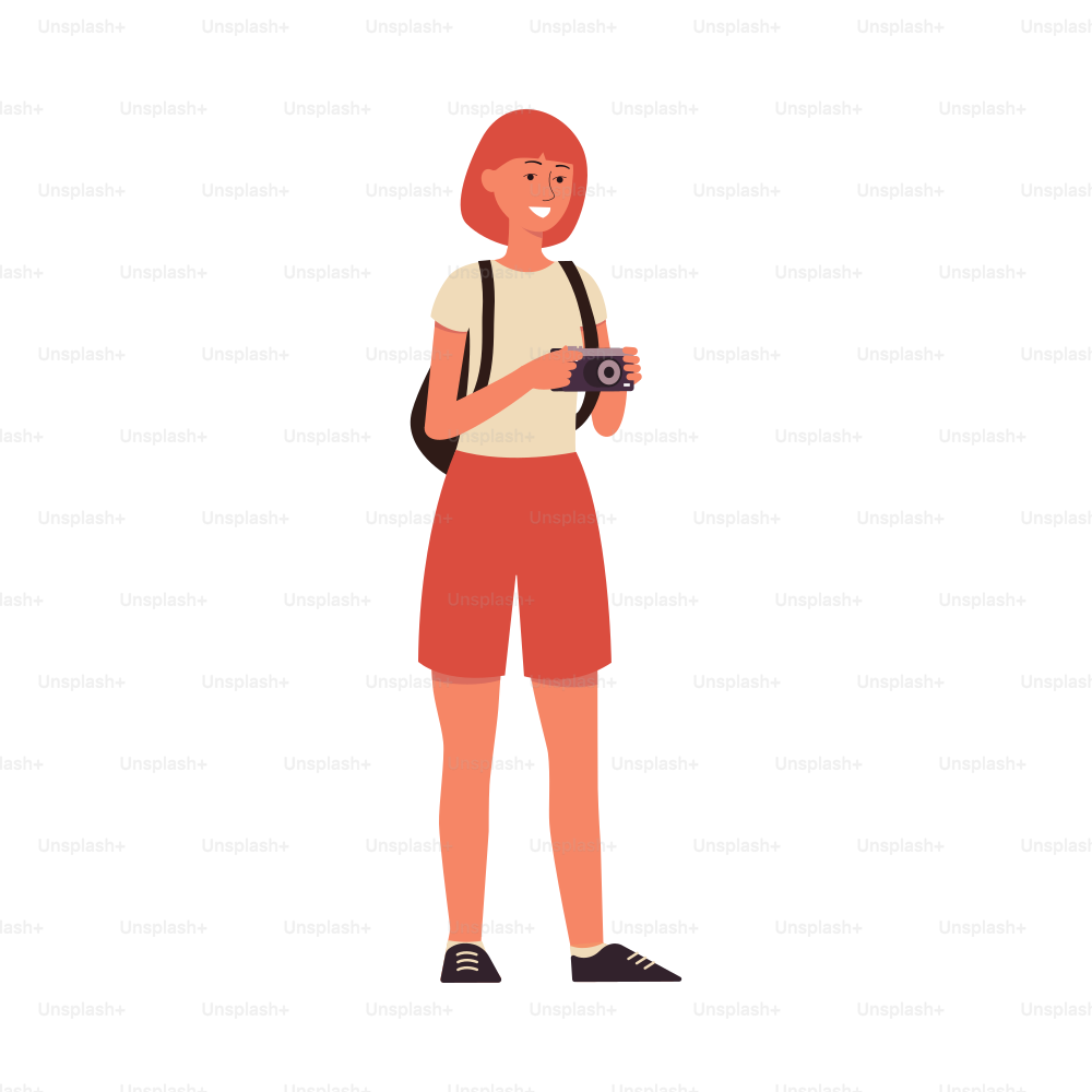Woman photographer holding a camera and smiling, cartoon female tourist with backpack and casual outfit taking a photo, isolated flat vector illustration on white background