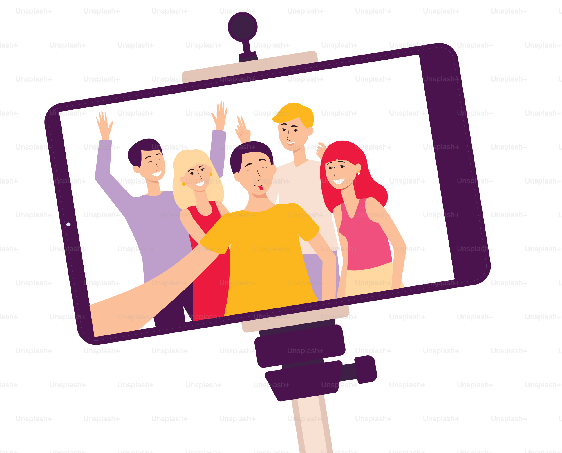 Écran de téléphone portable sur un bâton selfie avec une photo de personnes souriantes l’illustration vectorielle de dessin animé plat isolé sur fond blanc. Concept de communication et de style de vie.