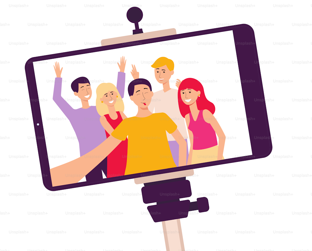 Mobile phone screen on a selfie stick with a photo of smiling people the flat cartoon vector illustration isolated on white background. Communication and lifestyle concept.