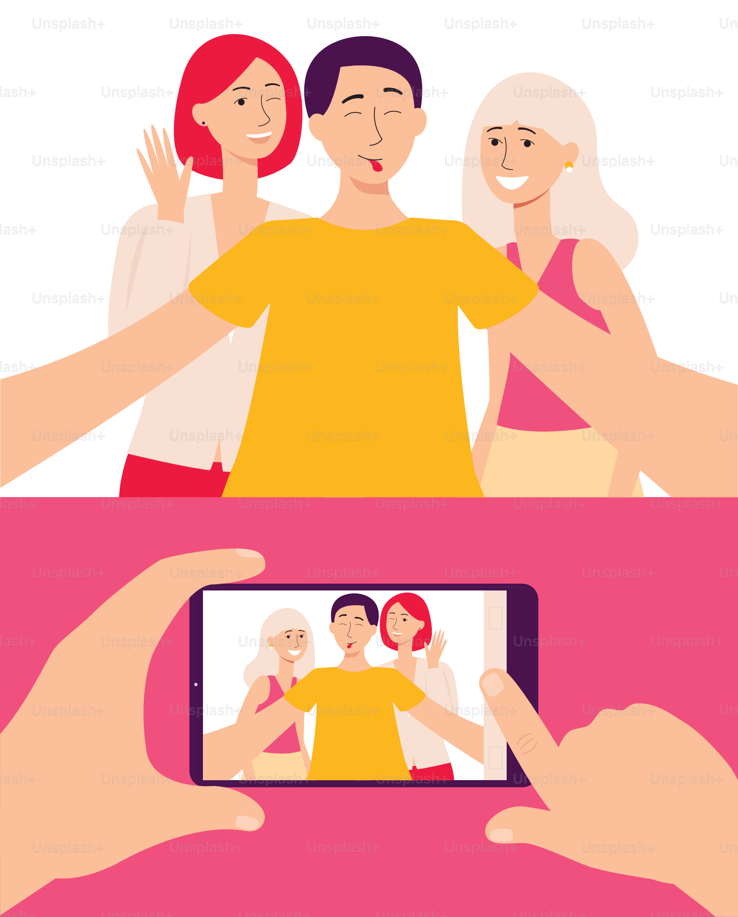 Tela do smartphone com foto de amigos e grupo de jovens tirando selfie a ilustração vetorial plana. Tecnologia móvel de comunicação e conceito de estilo de vida moderno.