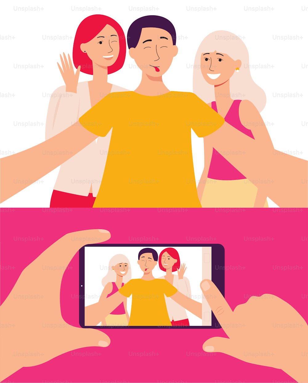 스마트폰 화면에는 친구들과 셀카를 찍고 있는 젊은이들의 사진이 플랫 벡터 일러스트레이션이다. 통신 모바일 기술과 현대적인 라이프스타일 개념.