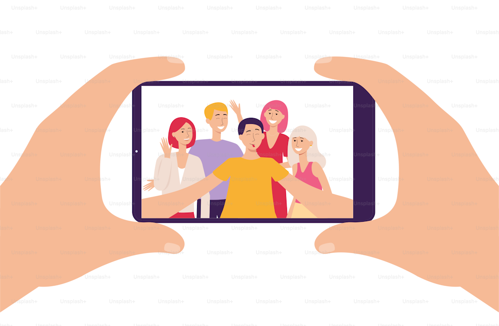 Pantalla de teléfono inteligente y grupo de jóvenes tomando selfie foto la ilustración vectorial plana aislada sobre fondo blanco. Concepto de tecnología móvil comunicativa social.