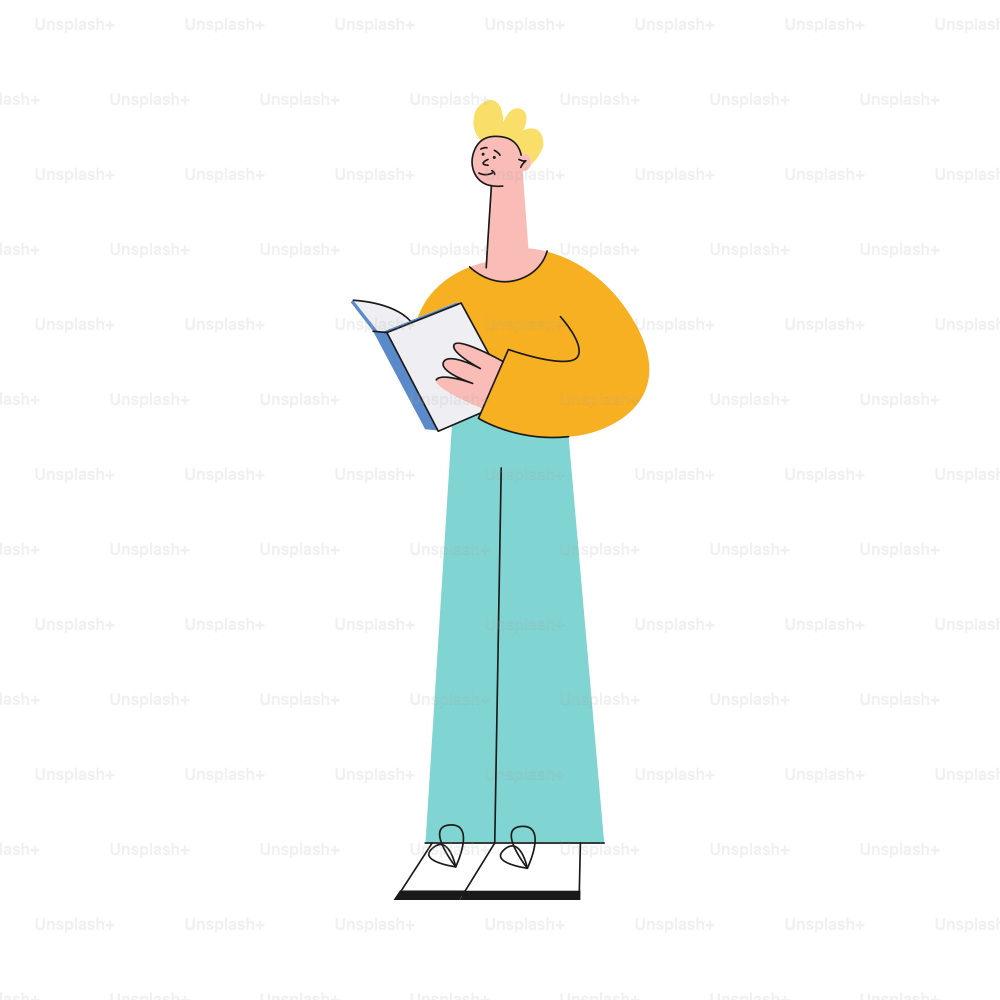 A young blond male, student or schoolboy or office worker stands and reads a book or textbook. The guy in the sweater and pants is reading a book, vector isolated flat illustration on white background.