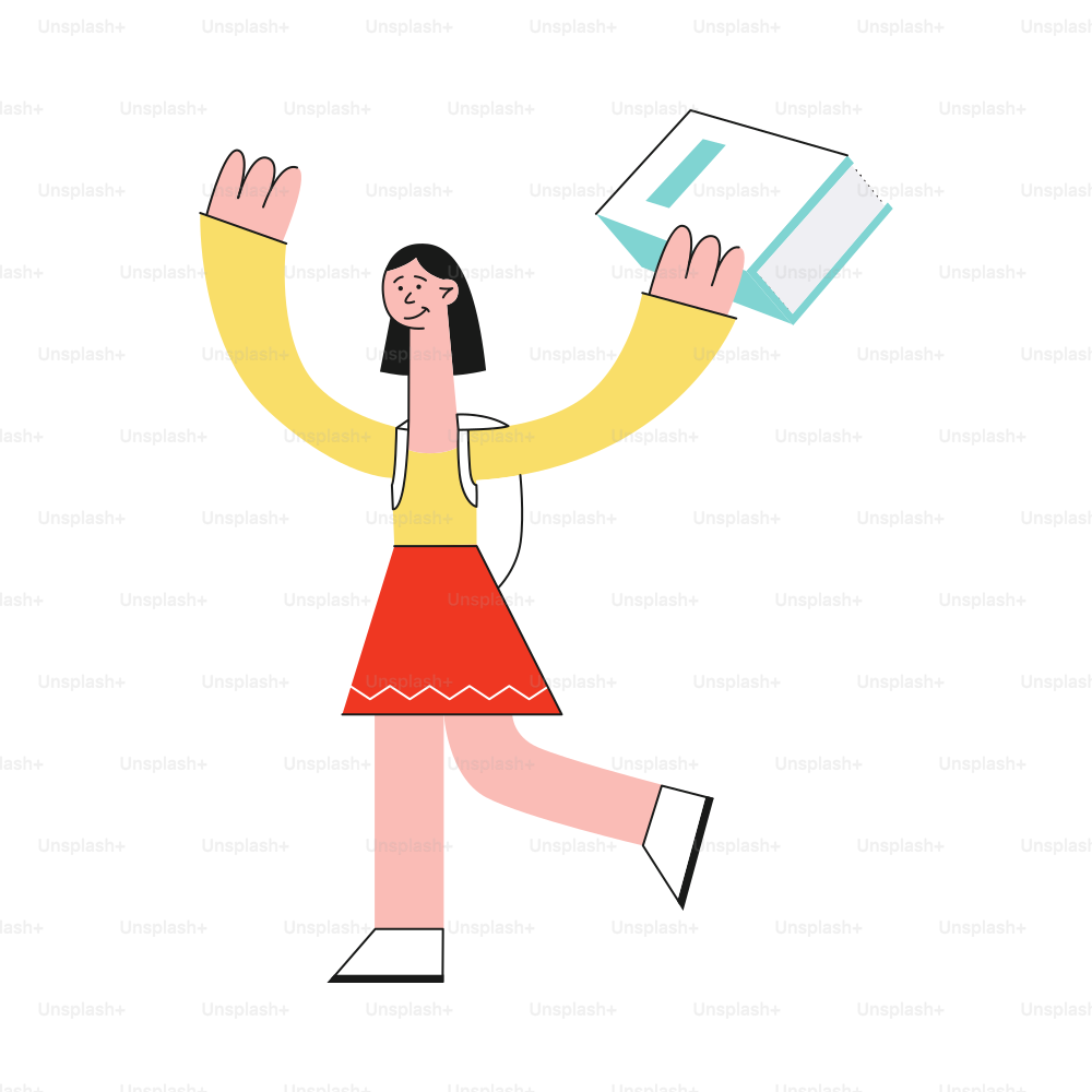 A young brunette girl with a backpack in a sweater and pants, a student or schoolgirl carries a large book. Young woman or teenager carries a book, vector isolated flat illustration.