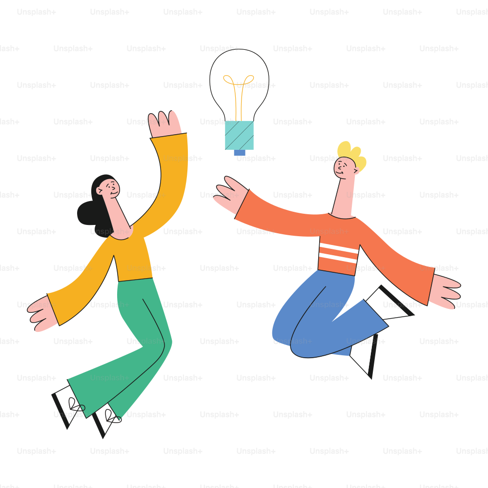 A young couple of students or office workers, a guy and a girl, jumping against the background of a glowing lamp. An idea comes to the redhead man and a brunette woman, vector flat illustration.