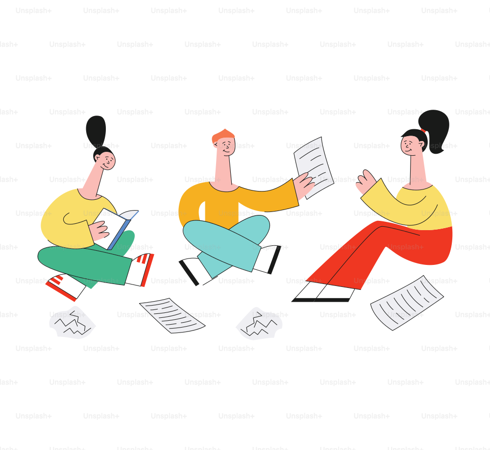 A group of students sitting on the floor with notes. Young brunette girls or women and redhead man cross legged. Flat isolated teenagers vector illustration.