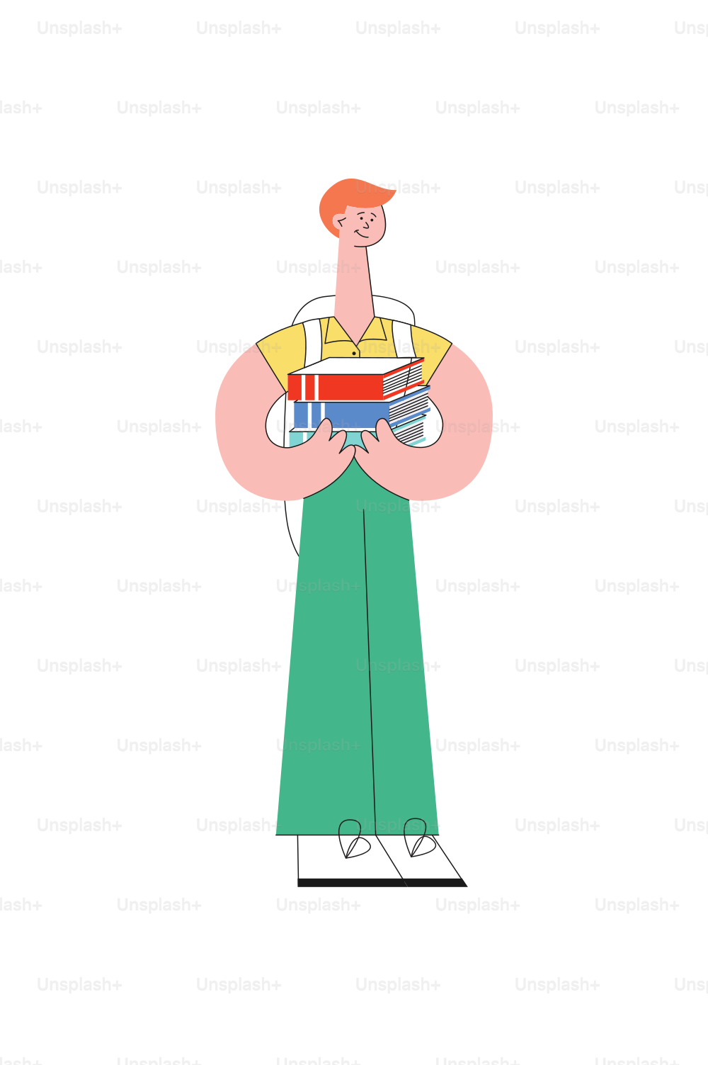 Vector happy teen man student standing holding textbooks pile. Cheerful smiling male character with schoolbag, school, university or college education design.