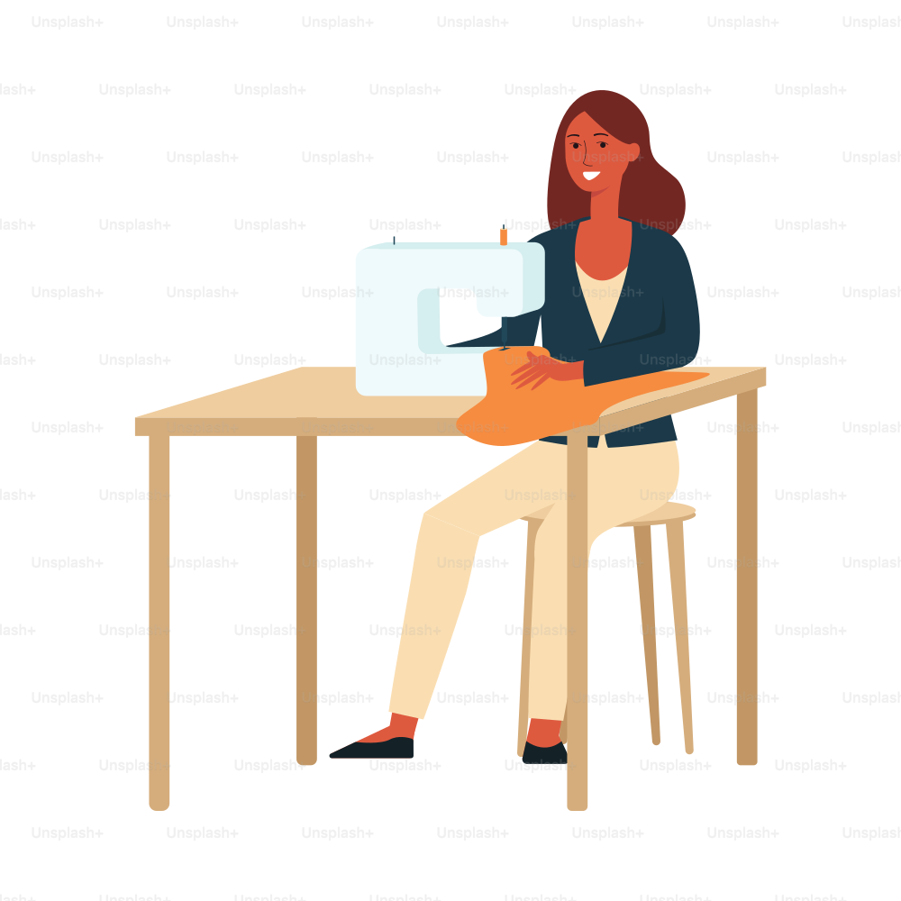 A dark brown haired woman sews, a dressmaker, seamstress, a clothes designer at work. Woman artist in a suit and sewing machine with a creative profession and hobby. Flat vector illustration.