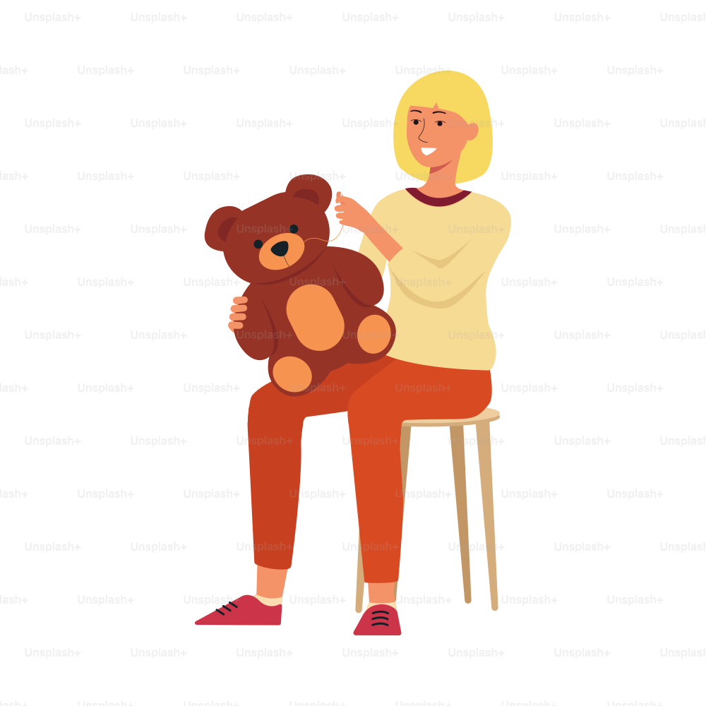 Woman sitting on chair and sewing children toy cartoon style, vector illustration isolated on white background. Female is holding needle and thread and crafting teddy-bear