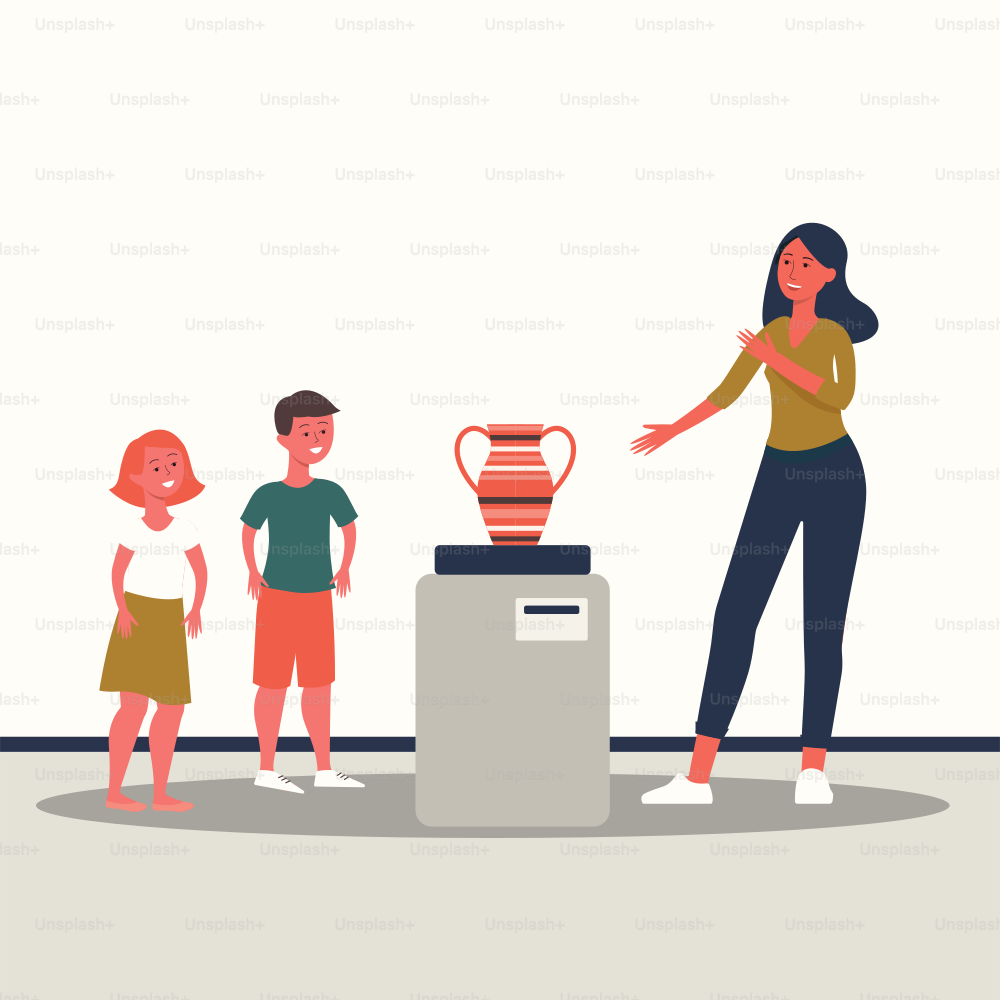 Cartoon family at a museum looking at a vase, adult woman telling children about old exhibit in gallery, cartoon people spending time together at art exhibition, isolated flat vector illustration