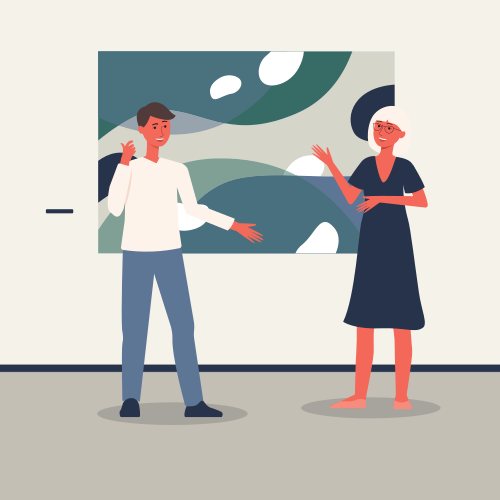 People visiting art gallery or museum exhibition cartoon flat vector illustration background. Traveling and sightseeing, culture tourism concept with characters.