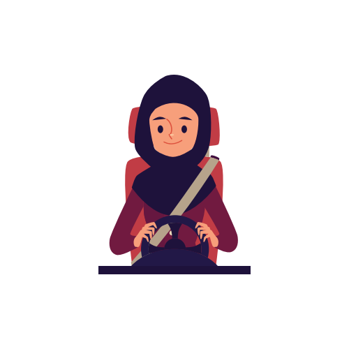 Uma jovem muçulmana e árabe motorista senta-se ao volante, usando cinto de segurança e sorri. Ilustração vetorial de desenho animado plano isolado.
