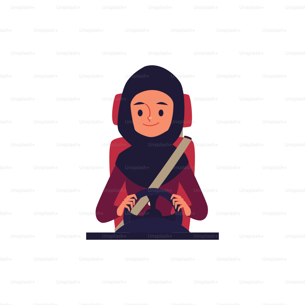 A muslim and arab young woman driver sits at the wheel wearing a seatbelt and smiles. Isolated flat cartoon vector illustration.