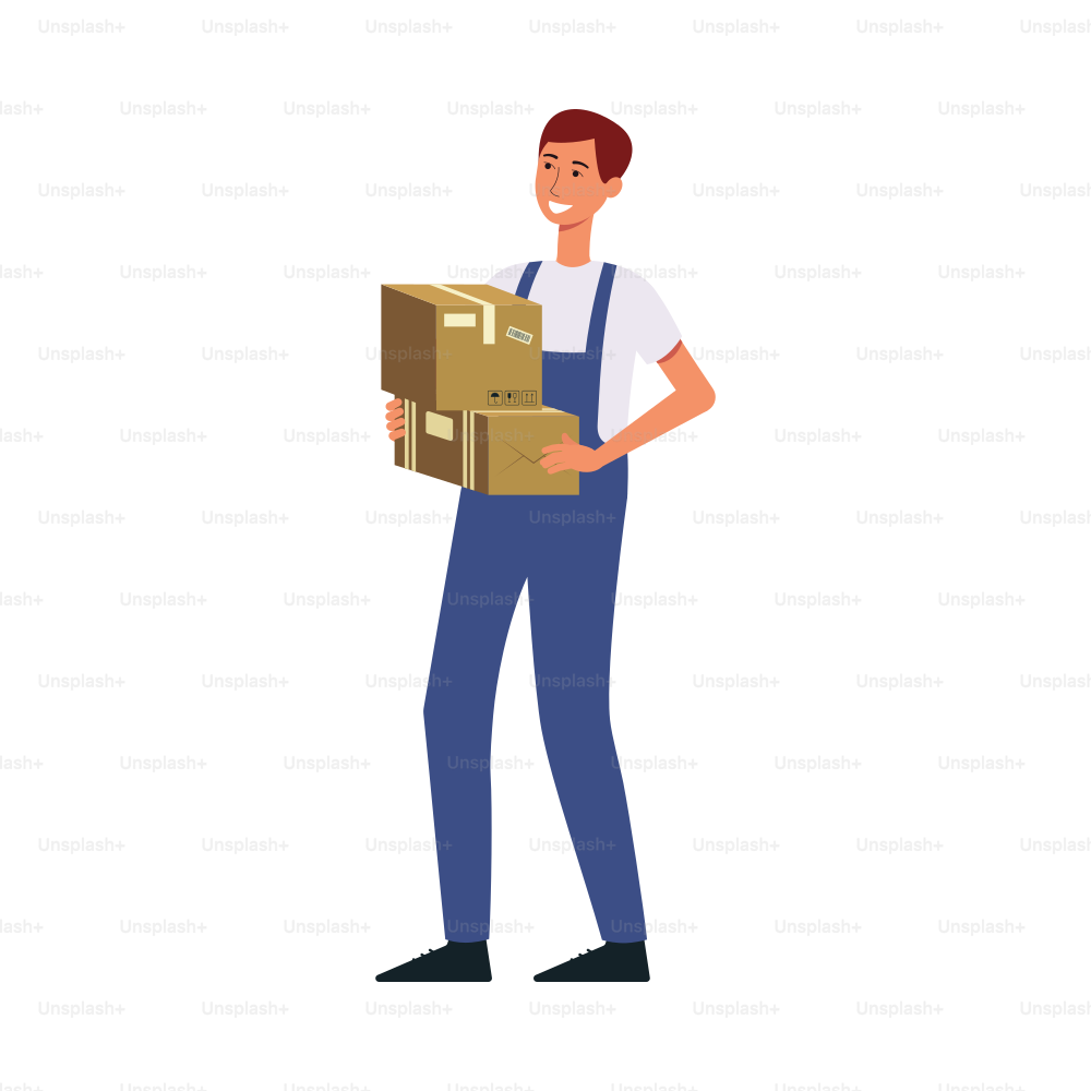Male courier with delivery man uniform holding cardboard boxes and smiling. Cartoon character with postal worker occupation delivering packages, isolated flat vector illustration on white background