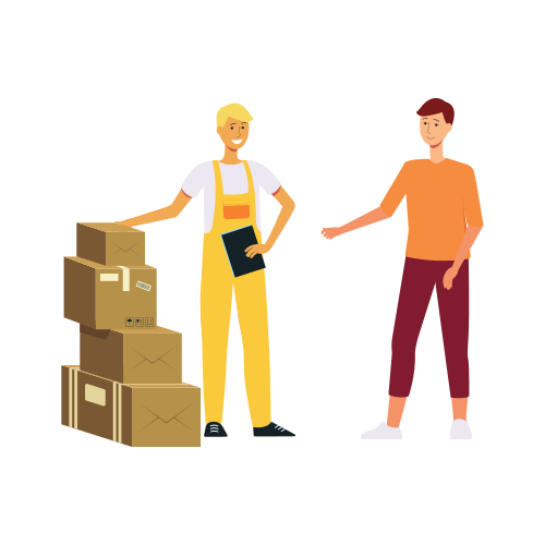 Ð¡ourier in overalls delivering a stack of boxes to man cartoon style, vector illustration isolated on white background. Loader with clipboard brought pile of packages or parcels to male customer