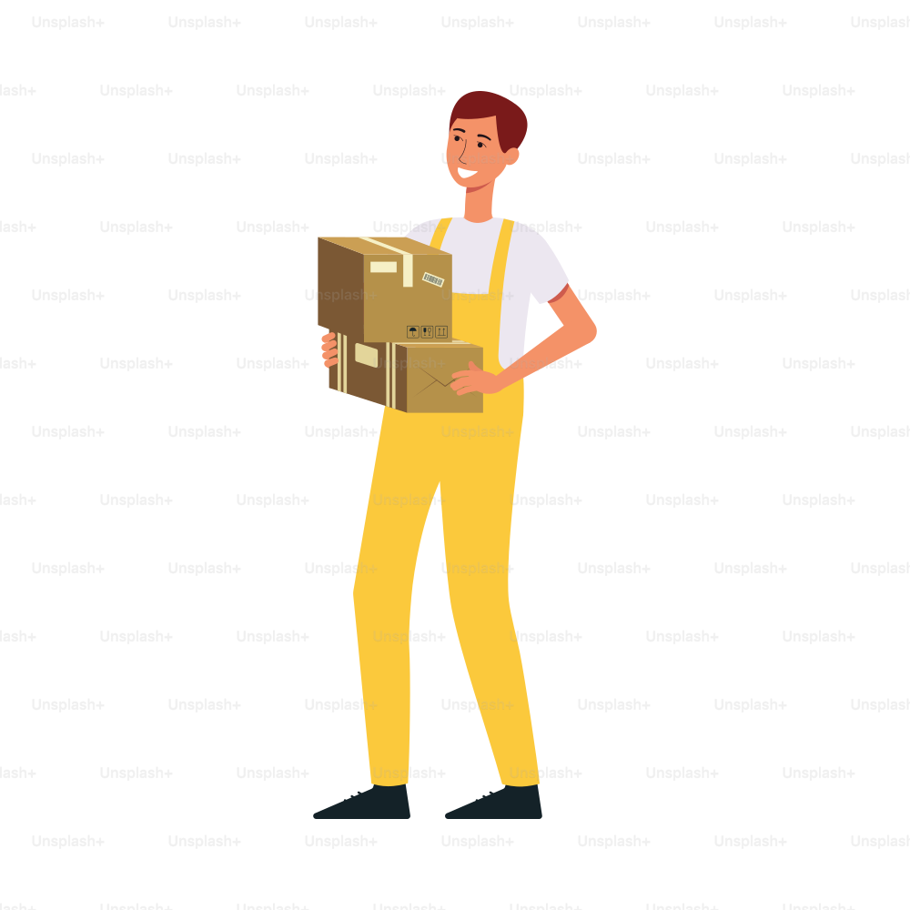 Loader in overalls holding two brown boxes cartoon style, vector illustration isolated on white background. Delivery man carrying cardboard packages or parcels