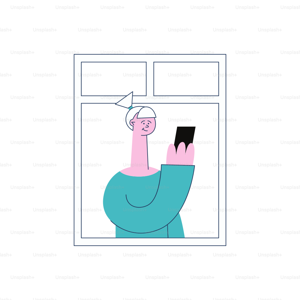 A blonde woman or girl stands at the open window of an apartment, smiles and looks into the smartphone. The concept of neighbors at the window and neighborhood in the city, vector flat illustration.