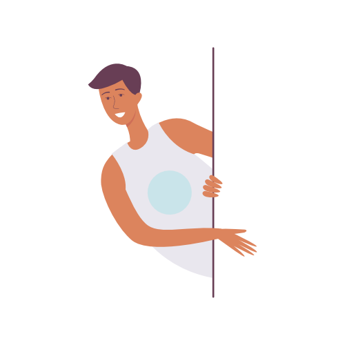 Allegro giovane maschio sorridente o uomo in una camicia casual senza maniche si sporge e guarda fuori dall'icona della finestra o dall'illustrazione vettoriale isolata su sfondo bianco.