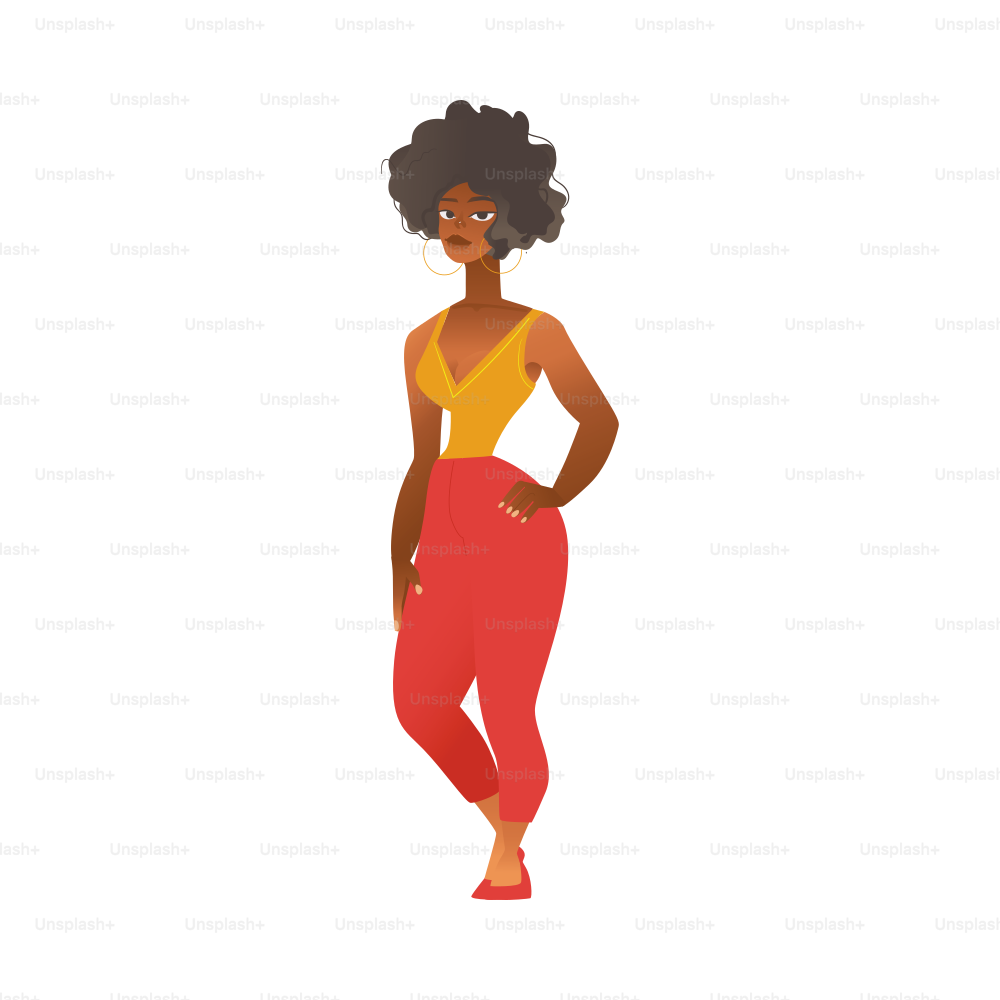 Vector cute african american woman with curly hairstyle standing smiling in red pants wearing golden ring earrings. Beautiful black girl on fashionable outfit. Happy female character cartoon icon.