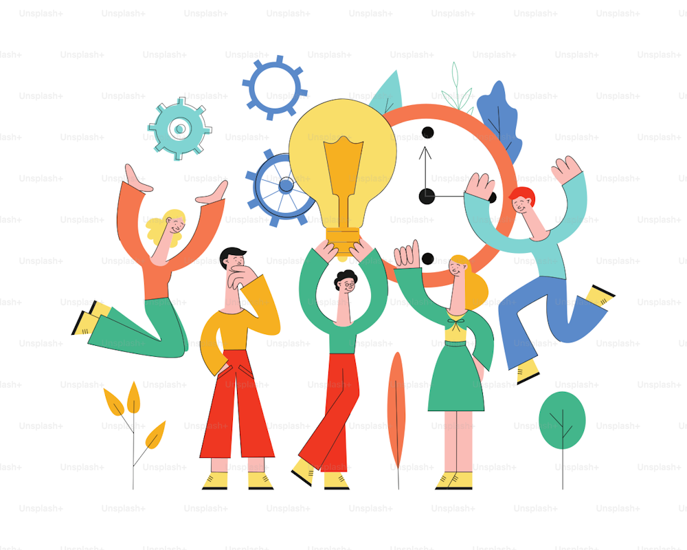 Vector business people meeting, developing business plan, brainstorming. Male, female creative characters holding light bulb discussing with colleagues on abstract cogwheels, florals clock background