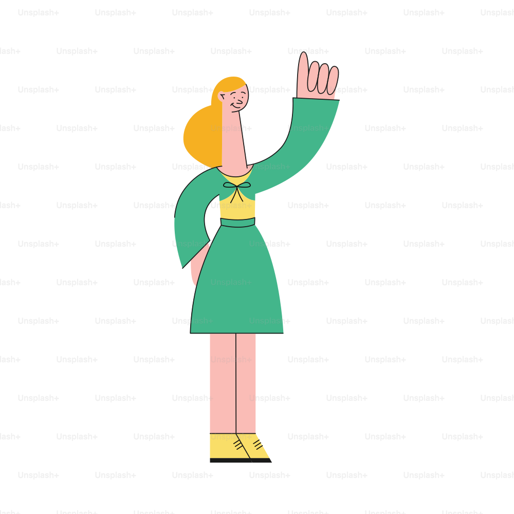 Vector illustration of woman standing and showing index finger up gesture in flat style isolated on white background - young female character pointing something or having idea.