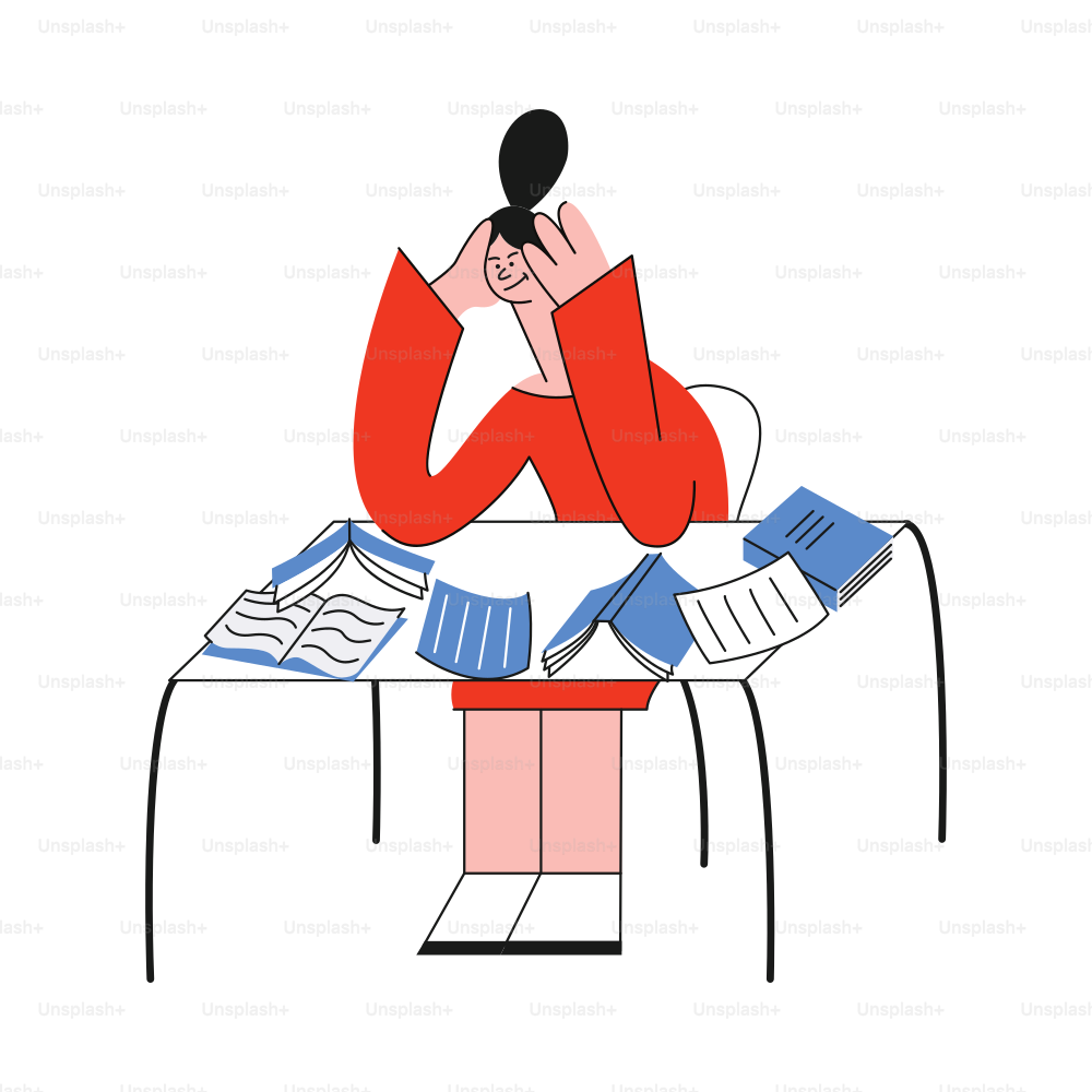 Vector illustration of overworked and tired woman sitting at table full of scattered paper documents, books and notebooks and holding her head with hands in flat style isolated on white background.