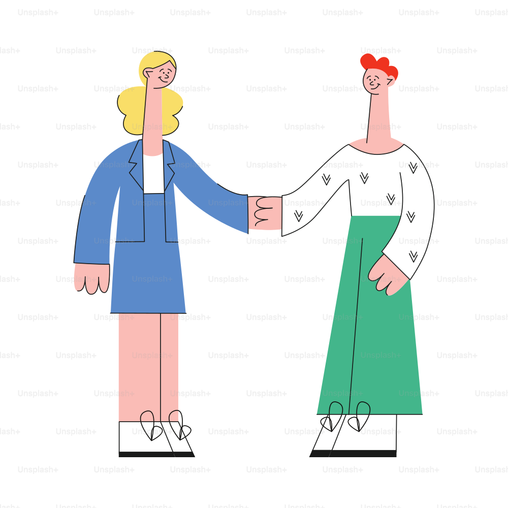 Business woman and man shaking hands in flat style isolated on white background. Vector illustration of greeting or agreement concept with young people with handshake gesture.