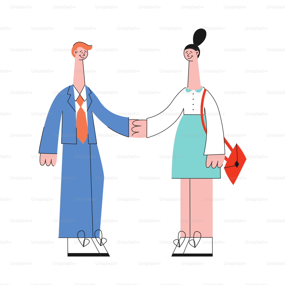 Business man and woman shaking hands in flat style isolated on white background - vector illustration of greeting or deal concept with young people with handshake gesture.