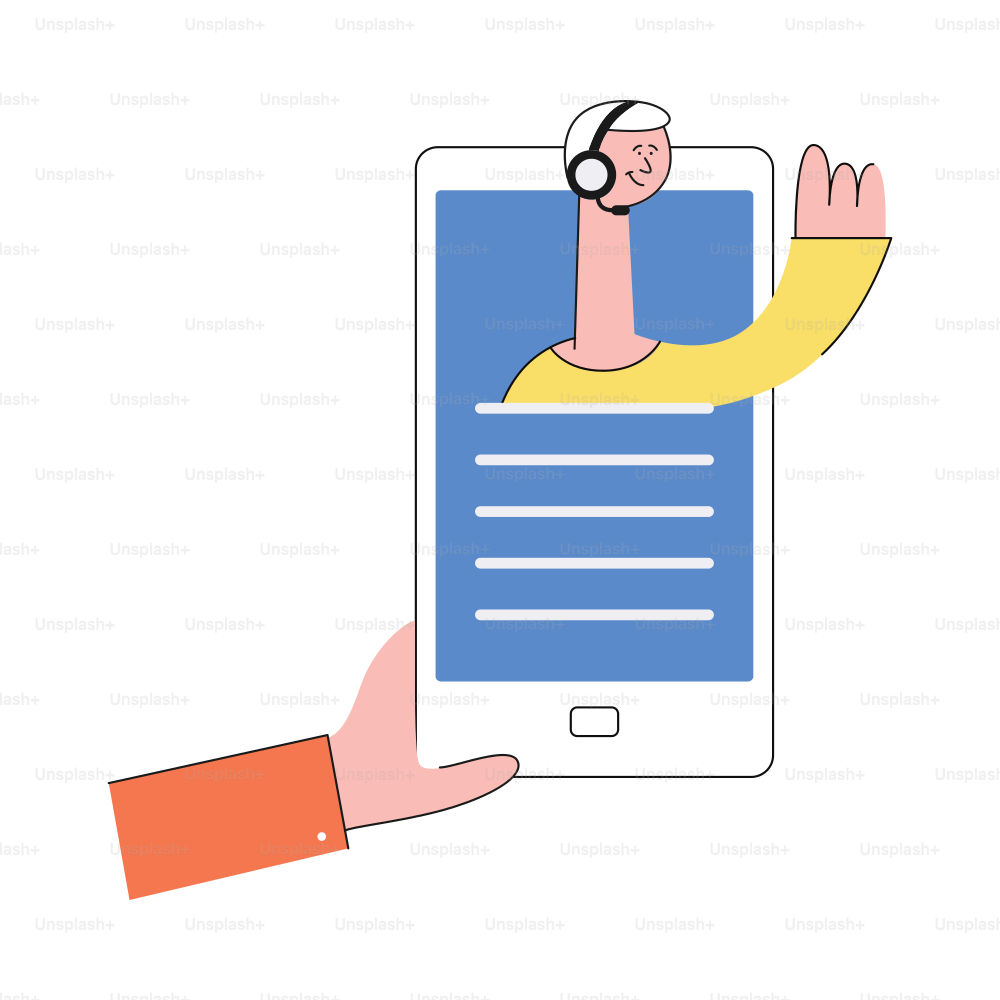 Vektorillustration eines virtuellen Online-Assistenten, der mit dem Kunden spricht und ihm von der mobilen Anwendung auf dem Bildschirm des Telefons in der Hand des Kunden auf weißem Hintergrund hilft.