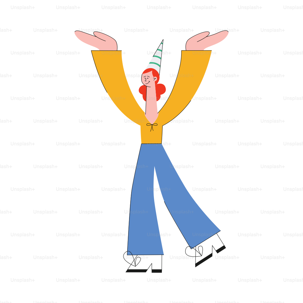 Vector stylized woman dancing at party in party hat raising hands up. Smiling cute female character having fun at corporate party, birthday or holiday celebration event. Isolated illustration