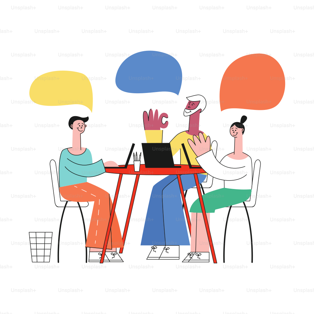 Vector stylized young woman and men colleagues disscussing business project or developing process sitting at table with laptop, empty speech bubble above head talking to each other gesticulating