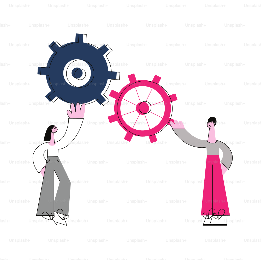 Vector illustration of effective teamwork concept with two people holding connected gears in flat style - isolated man and woman supporting cogwheel for successful work of business.