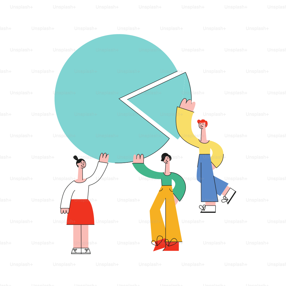 Vector teamwork concept poster with stylized business man and woman holding big pie chart above head. Female, male office characters and symbol of working process and successful communication