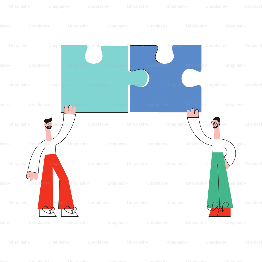Vector teambuilding concept with stylized business man holding big puzzles above head. Male managers, office workers holding symbol of working process and successful communication