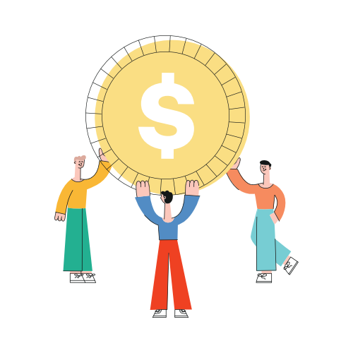 Uomo d'affari stilizzato vettoriale che tiene una grande moneta d'oro con il simbolo di valuta del dollaro sopra la testa. Concetto di servizi bancari e finanziari con personaggi maschili dell'ufficio e simbolo di successo, affare e ricchezza