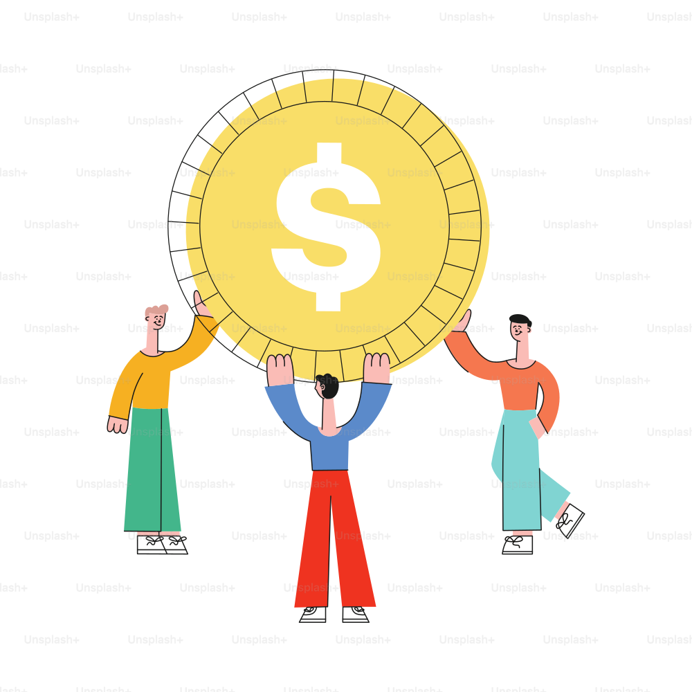 Vector stylized business man holding big golden coin with dollar currency sign above head. Banking and financial services concept with male office characters and symbol of success, deal and wealth