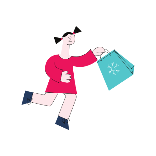 Vector stylized girl kid in winter outdoor clothing running holding present gift boxes for christmas, birthday or new year holiday celebration. Female character with surprise family, flat illustration