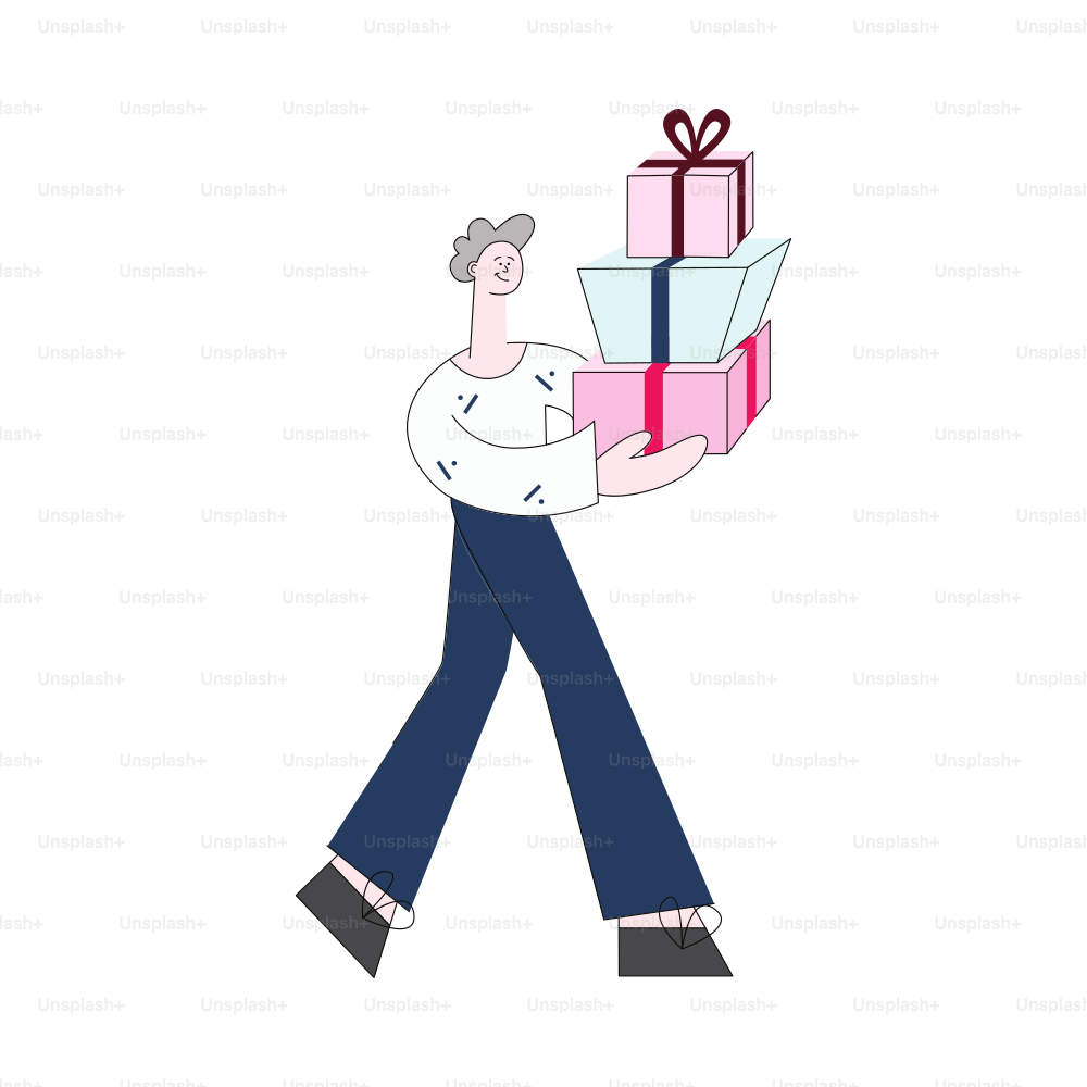 Ilustración vectorial de un joven que lleva una pila de cajas de regalo envueltas decoradas con cintas y lazos: personaje masculino plano aislado que da o entrega regalos en un paquete festivo.