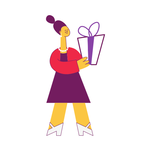 Vector illustration of young woman holding wrapped and decorated present box in flat style. Female character giving gift in festive package with ribbon and bow isolated on white background.