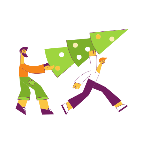 Vector stylized men characters carrying big christmas tree for holiday celebration. Young smiling males holding spruse tree with ball toys for traditional december event. Isolated illustration