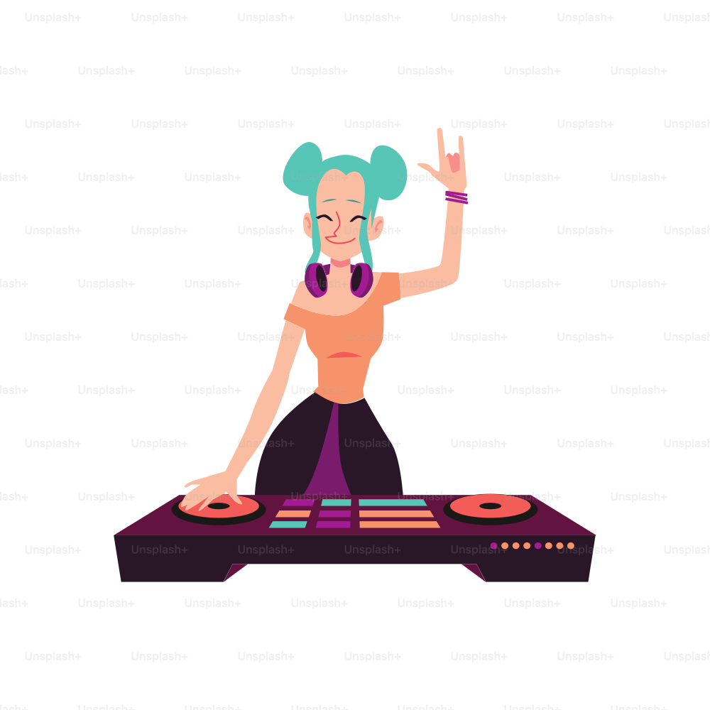 Donna in piedi alla console del DJ con lo stile del fumetto del gesto del segno di roccia, illustrazione vettoriale isolata su sfondo bianco. Ragazza con i capelli colorati che suonano musica sul ponte di miscelazione con il segno delle corna