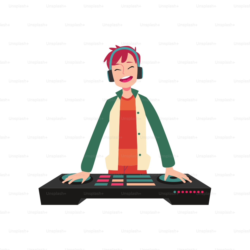 Man stands in headphones holding hands on DJ console cartoon style, vector illustration isolated on white background. Smiling male closed eyes spins mixing deck and plays music on sound board