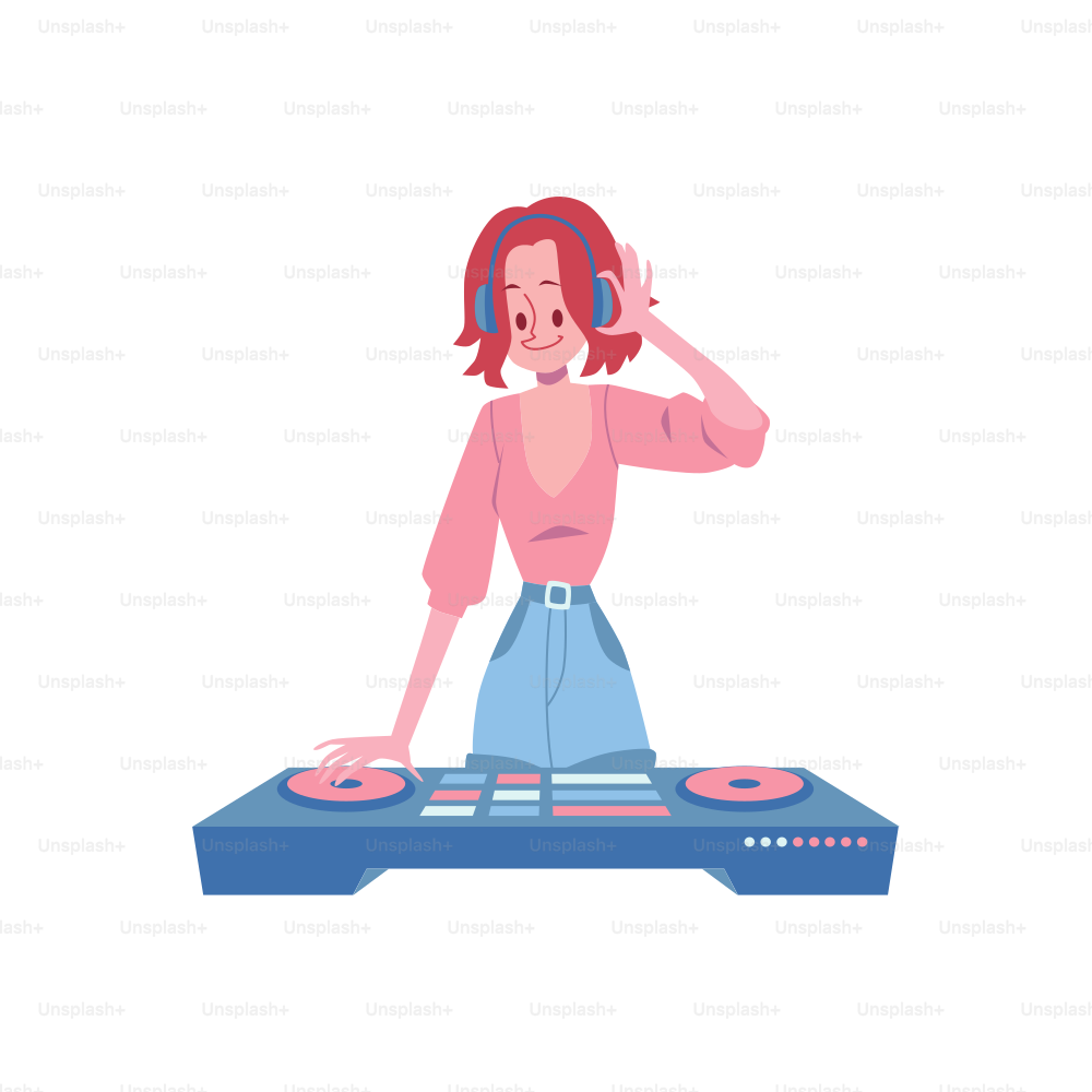 Woman stands at DJ console and holding headphones on her head cartoon style, vector illustration isolated on white background. Girl spins mixing deck and playing music on turntable