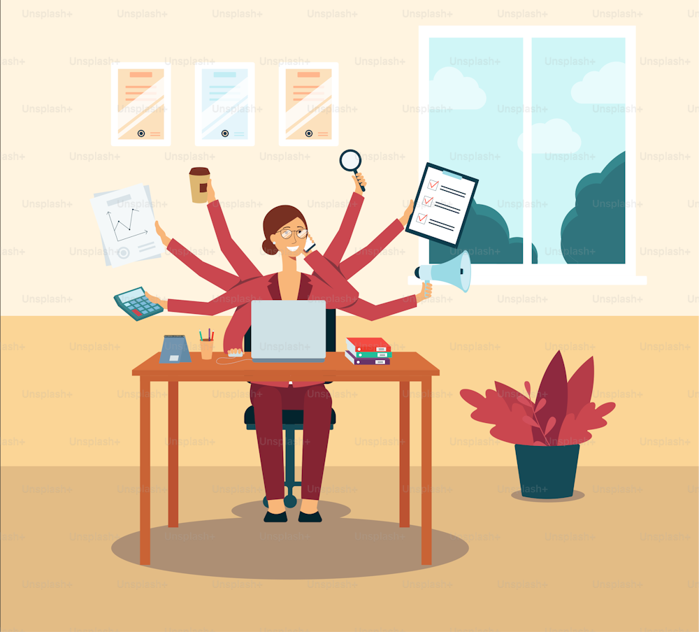 Multitasking business woman or office manager administrator dispictured as a character with several hands flat vector illustration. Effective employment concept.